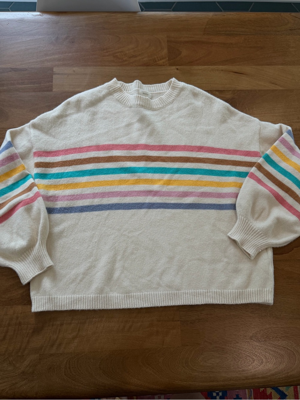 debut Cream Crewneck Boxy Sweater with Pastel Stripes - Size Large